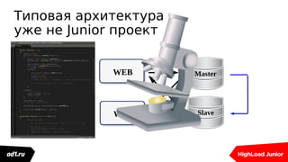 Типовая архитектура
уже не Junior проект
Master
WEB
WEB
Slave
 