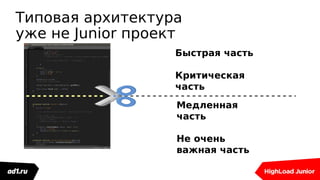 Типовая архитектура
уже не Junior проект
Быстрая часть
Критическая
часть
Медленная
часть
Не очень
важная часть
 