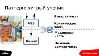 Паттерн: хитрый ученик
Быстрая часть
Критическая
часть
Медленная
часть
Не очень
важная часть
WEB
Backend© СоюзМультФильм
 