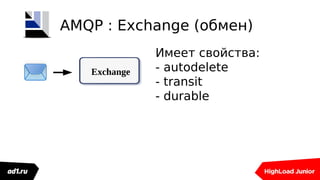 Exchange
Имеет свойства:
- autodelete
- transit
- durable
AMQP : Exchange (обмен)
 