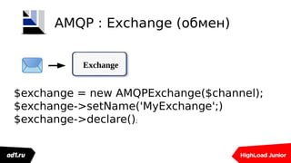 Exchange
AMQP : Exchange (обмен)
$exchange = new AMQPExchange($channel);
$exchange->setName('MyExchange';)
$exchange->declare();
 