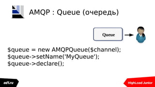 Queue
AMQP : Queue (очередь)
$queue = new AMQPQueue($channel);
$queue->setName('MyQueue');
$queue->declare();
 