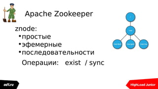 Apache Zookeeper
znode:
•простые
•эфемерные
•последовательности
Операции: exist / sync
 