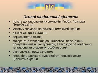 Основі національні цінності:
• повага до національних символів (Герба, Прапора,
Гімну України);
• участь у громадсько-політичному житті країни;
• повага до прав людини;
• верховенство права;
• толерантне ставлення до цінностей і переконань
представників іншої культури, а також до регіональних
та національно-мовних особливостей;
• рівність усіх перед законом;
• готовність захищати суверенітет і територіальну
цілісність України
 