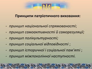 Принципи патріотичного виховання:
- принцип національної спрямованості;
- принцип самоактивності й саморегуляції;
- принцип полікультурності;
- принцип соціальної відповідності ;
- принцип історичної і соціальної пам’яті ;
- принцип міжпоколінної наступності.
 
