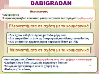 DABIGRADAN
Παρενέργειες
Αιμορραγίες
Εμφάνιση υψηλού ποσοστού γαστρεντερικών διαταραχών(προβληματισμός)
Δεν έχουν αλληλεπίδραση με άλλα φάρμακα
Δεν επηρεάζονται από τις διατροφικές συνήθειες του ασθενούς
Δεν απαιτείται εργαστηριακή παρακολούθηση με INR
Δεν υπάρχει αντίδοτο (ευτυχώς η δράση τους είναι γρήγορα αναστρέψιμη)
Σταθερή λήψη δισκίων,χωρίς παράλειψη δόσεων
Μικρή ακόμα εμπειρία από τη χρήση τους
Πολύ μεγάλο κόστος
53
 