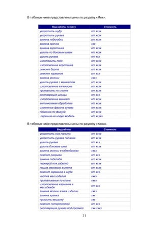31
В таблице ниже представлены цены по разделу «Мех».
Вид работы по меху Стоимость
укоротить шубу от хххх
укоротить рукава от хххх
замена подкладки от хххх
замена крючка ххх
замена воротника от хххх
ушить по боковым швам от хххх
ушить рукава от ххх
изготовить пояс от хххх
изготовление воротника от хххх
ремонт борта от хххх
ремонт карманов от ххх
замена молнии хххх
ушить рукава с манжетом от хххх
изготовление капюшона от хххх
приталить по спинке от хххх
реставрация шлицы от ххх
изготовление манжет от хххх
антимолевая обработка от хххх
изменение фасона рукава от хххх
подгонка по фигуре от хххх
перешив на новую модель от ххххх
В таблице ниже представлены цены по разделу «Кожа».
Вид работы Стоимость
укоротить кож.пальто от хххх
укоротить рукава пиджака от хххх
ушить рукава от ххх
ушить боковые швы от хххх
замена молнии в юбке,брюках хххх
ремонт разрыва от ххх
замена подклада от хххх
перекрой кож.изделий от хххх
пошив мехового жилета от хххх
ремонт карманов в шубе от ххх
чистка мех.изделия хххх
приталивание по спине хххх
изготовление карманов в
мех.одежде
от ххх
замена молнии в мех.изделии хххх
замена крючка ххх
пришить вешалку ххх
ремонт потертостей от ххх
реставрация рукава под проймой ххх-хххх
 