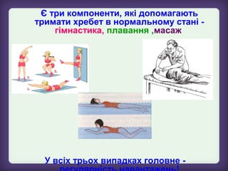 Є три компоненти, які допомагають
тримати хребет в нормальному стані -
гімнастика, плавання ,масаж
У всіх трьох випадках головне -
 