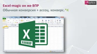 Excel-magic он же ВПР
Обычная конверсия + ассоц. конверс.*К
 