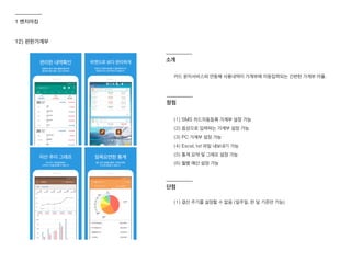 12) 편한가계부
카드 문자서비스와 연동해 사용내역이 가계부에 자동입력되는 간편한 가계부 어플.
소개
(1) SMS 카드자동등록 가계부 설정 가능
(2) 음성으로 입력하는 가계부 설정 가능
(3) PC 가계부 설정 가능
(4) Excel, txt 파일 내보내기 가능
(5) 통계 요약 및 그래프 설정 가능
(6) 월별 예산 설정 가능
(1) 결산 주기를 설정할 수 없음 (일주일, 한 달 기준만 가능)
장점
단점
1 벤치마킹
 