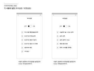 7) 사용자 설정 (푸쉬설정 / 위젯설정)
3 와이어프레임 (초반)
사용자 설정에서 푸쉬설정을 눌렀을 때
나오는 푸쉬설정 페이지.
사용자 설정에서 위젯설정을 눌렀을 때
나오는 위젯설정 페이지.
 