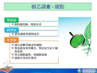 樹芯調查 - 優點
12
Larsen et al.(2008)
社會面
經濟面
 節約能資源，環境友善
 節省調 時間與成本查
 減少誤 管線意外風險擊
 無需使用重型機具，對居民生活干擾
程度低
 符合國際趨勢，與國際接軌
 協助 染責任釐清污
環境面
12
 