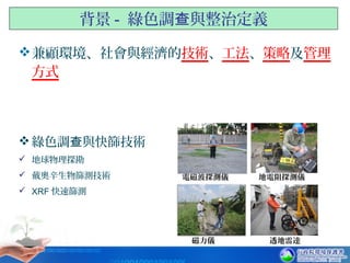 背景 - 綠色調 與整治定義查
兼顧環境、社會與經濟的技術、工法、策略及管理
方式
綠色調 與快篩技術查
 地球物理探勘
 戴奧辛生物篩測技術
 XRF 快速篩測
透地雷達
地電阻探測儀電磁波探測儀
磁力儀
 
