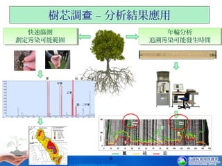 快速篩測
劃定 染可能範圍污
快速篩測
劃定 染可能範圍污
年輪分析
追溯 染可能發生時間污
年輪分析
追溯 染可能發生時間污
9
鉛氯 硫
苯
甲苯
乙苯
間、對 - 二甲苯
鄰 - 二甲苯
樹芯調 – 分析結果應用查
9
 