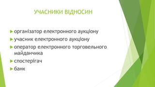 УЧАСНИКИ ВІДНОСИН
 організатор електронного аукціону
 учасник електронного аукціону
 оператор електронного торговельного
майданчика
 спостерігач
 банк
 
