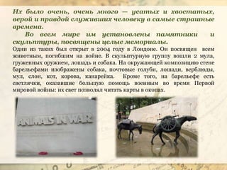 Их было очень, очень много — усатых и хвостатых,
верой и правдой служивших человеку в самые страшные
времена.
Во всем мире им установлены памятники и
скульптуры, посвящены целые мемориалы.
Один из таких был открыт в 2004 году в Лондоне. Он посвящен всем
животным, погибшим на войне. В скульптурную группу вошли 2 мула,
груженных оружием, лошадь и собака. На окружающей композицию стене
барельефами изображены собака, почтовые голуби, лошади, верблюды,
мул, слон, кот, корова, канарейка. Кроме того, на барельефе есть
светлячки, оказавшие большую помощь военным во время Первой
мировой войны: их свет позволял читать карты в окопах.
 