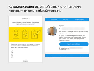 АВТОМАТИЗАЦИЯ ОБРАТНОЙ СВЯЗИ С КЛИЕНТАМИ:
проводите опросы, собирайте отзывы
 
