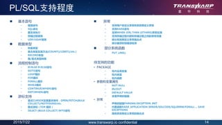 2015/7/22 14www.transwarp.io confidential
PL/SQL支持程度
 基本语句
• 赋值语句
• SQL语句
• 匿名块执行
• 存储过程调用
• UDF/UDAF调用
 数据类型
• 标量类型
• 集合类型及其方法(COUNT()/LIMIT()/etc.)
• RECORD类型
• 隐/显式类型转换
 流程控制语句
• IF/ELSE IF/ELSE语句
• GOTO语句
• LOOP循环
• FOR循环
• FORALL循环
• WHILE循环
• CONTINUE(WHEN)语句
• EXIT(WHEN)语句
 游标支持
• 显式CURSOR及其基本操作：OPEN/FETCH(BULK
COLLECT)/NOTFOUND/etc.
• 隐式游标（FOR 循环）
• SELECT (BULK COLLECT) INTO语句
• PACKAGE
• 包内全局变量
• 包内类型
• 包内函数
• 参数和变量属性
• NOT NULL
• IN/OUT
• DEFAULT VALUE
• 变量声明时赋值
• 异常
• 声明时赋值PARGMA EXCEPTION_INIT
• 内置函数RAISE_APPLICATION_ERROR/SOLCODE/SQLERRM/FORALL ... SAVE
EXCEPTIONS
• 其他系统预定义异常的抛出点
 异常
• 支持用户自定义异常和系统预定义异常
• 支持RAISE语句
• 支持WHEN (OR) THEN (OTHERS)异常处理
• 支持存储过程内部和存储过程之间的异常传播
• 部分系统预定义异常抛出点
• 部分编译时刻错误检测
 部分系统函数
• PUT_LINE()
待支持的功能
 
