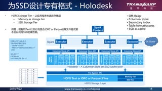 2015/7/22 18www.transwarp.io confidential
为SSD设计专有格式 - Holodesk
1 W A
2 X B
3 Y C
4 Z D
5 O E
6 P F
7 Q G
8 R H
Holodesk – A Columnar Store on SSD cache layer
Spark
1 W A
GLOBAL
INDEX
2 X B
Dictionary
BITMAP
INDEX
FILTER
BITMAP
INDEX
FILTER
BITMAP
INDEX
FILTER
3 Y C
4 Z D
BITMAP
INDEX
FILTER
BITMAP
INDEX
FILTER
BITMAP
INDEX
FILTER
Dictionary
5 O E
6 P F
BITMAP
INDEX
FILTER
BITMAP
INDEX
FILTER
BITMAP
INDEX
FILTER
Dictionary
7 Q G
8 R H
BITMAP
INDEX
FILTER
BITMAP
INDEX
FILTER
BITMAP
INDEX
FILTER
Dictionary
HDFS Storage Layer
HDFS Text or ORC or Parquet Files
Memory Tier
SSD Tier
• HDFS Storage Tier – 让应用程序来选择存储层
– Memory as storage tier
– SSD Storage Tier
• 但是，现有的Text以及行列混合(ORC or Parquet)等文件格式都
不足以利用SSD的高性能。
Executor
Spark
Context
Executor Executor Executor
Columnar Store APIColumnar Store APIColumnar Store APIColumnar Store API
File System API
CREATE TABLE t1
TBLPROPERTIES(
"cache"=“SSD”,
“filters”=“hashbucket(360):c1”
) AS
SELECT *
FROM src
DISTRIBUTE BY c1;
• Off-Heap
• Columnar store
• Secondary index
• Table format/access
• SSD as cache
ZK Cluster
 