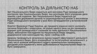 КОНТРОЛЬ ЗА ДІЯЛЬНІСТЮ НАБ
Звіт Національного бюро надається для висновку Раді громадського
контролю при Національному бюро, яка розглядає його упродовж двох
тижнів з дня подання. Звіт Національного бюро подається до
відповідних державних органів та оприлюднюється разом із висновком
Ради громадського контролю у разі його затвердження у встановлений
строк.
Комітет Верховної Ради України, до предмету відання якого належать
питання боротьби з корупцією, не рідше одного разу на рік проводить
відкриті для громадськості слухання на тему діяльності Національного
бюро, виконання покладених на Національне бюро завдань,
додержання ним законодавства, прав і свобод осіб.
Щороку проводиться незалежна оцінка (аудит) ефективності діяльності
Національного бюро, його операційної та інституційної незалежності, у
тому числі шляхом вибіркового аудиту кримінальних проваджень,
досудове розслідування у яких здійснювалося Національним бюро та
було завершено.
 