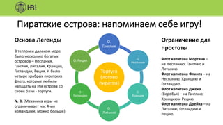 Тортуга
(логово
пиратов)
О.
Ганглия
О.
Неспания
О.
Хранция
О.
Литалия
О.
Гогландия
О. Реция
Пиратские острова: напоминаем себе игру!
Основа Легенды
В теплом и далеком море
было несколько богатых
островов – Неспания,
Ганглия, Литалия, Хранция,
Гогландия, Реция. И было
четыре храбрых пиратских
флота, которые любили
нападать на эти острова со
своей базы - Тортуги.
N. B. (Механика игры не
ограничивает нас 4-мя
командами, можно больше)
Ограничение для
простоты
Флот капитана Моргана –
на Неспанию, Ганглию и
Литалию.
Флот капитана Флинта – на
Неспанию, Хранцию и
Гогландию.
Флот капитана Джека
(Воробья) – на Ганглию,
Хранцию и Рецию.
Флот капитана Дрейка – на
Литалию, Гогландию и
Рецию.
 
