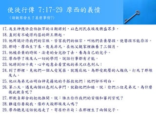 使徒行傳 7:17-29 摩西的義憤
17.及至神應許亞伯拉罕的日期將到，以色列民在埃及興盛眾多，
18.直到有不曉得約瑟的新王興起。
19.他用詭計待我們的宗族，苦害我們的祖宗，叫他們丟棄嬰孩，使嬰孩不能存活。
20.那時，摩西生下來，俊美非凡，在他父親家裡撫養了三個月。
21.他被丟棄的時候，法老的女兒拾了去，養為自己的兒子。
22.摩西學了埃及人一切的學問，說話行事都有才能。
23.他將到四十歲，心中起意去看望他的弟兄以色列人；
24.到了那裡，見他們一個人受冤屈，就護庇他，為那受欺壓的人報仇，打死了那埃
及人。
25.他以為弟兄必明白神是藉他的手搭救他們；他們卻不明白。
26.第二天，遇見兩個以色列人爭鬥，就勸他們和睦，說：你們二位是弟兄，為什麼
彼此欺負呢？
27.那欺負鄰舍的把他推開，說：誰立你作我們的首領和審判官呢？
28.難道你要殺我，像昨天殺那埃及人嗎？
29.摩西聽見這話就逃走了，寄居於米甸；在那裡生了兩個兒子。
(請觀察發生了甚麼事情?)
 
