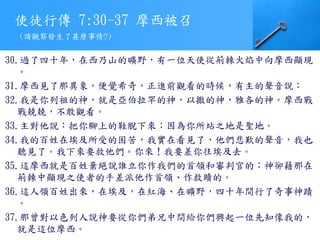 使徒行傳 7:30-37 摩西被召
30.過了四十年，在西乃山的曠野，有一位天使從荊棘火焰中向摩西顯現
。
31.摩西見了那異象，便覺希奇，正進前觀看的時候，有主的聲音說：
32.我是你列祖的神，就是亞伯拉罕的神，以撒的神，雅各的神。摩西戰
戰兢兢，不敢觀看。
33.主對他說：把你腳上的鞋脫下來；因為你所站之地是聖地。
34.我的百姓在埃及所受的困苦，我實在看見了，他們悲歎的聲音，我也
聽見了。我下來要救他們。你來！我要差你往埃及去。
35.這摩西就是百姓棄絕說誰立你作我們的首領和審判官的；神卻藉那在
荊棘中顯現之使者的手差派他作首領、作救贖的。
36.這人領百姓出來，在埃及，在紅海、在曠野，四十年間行了奇事神蹟
。
37.那曾對以色列人說神要從你們弟兄中間給你們興起一位先知像我的，
就是這位摩西。
(請觀察發生了甚麼事情?)
 