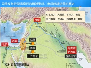 迦勒底
的吾珥
迦南
亞伯拉罕
以撒
雅各
十二兒子
埃及
哈蘭
司提反被控謗讟摩西和糟踐聖所，申辯時講述舊約歷史
以色列人大饑荒下埃及繁衍
初代教會大逼迫四散傳道繁增
取材自聖經簡報站
 