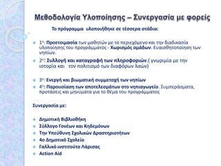 Το πρόγραμμα υλοποιήθηκε σε τέσσερα στάδια:
 1ο: Προετοιμασία των μαθητών με το περιεχόμενο και την διαδικασία
υλοποίησης του προγράμματος - Χωρισμός ομάδων. Ευαισθητοποίηση των
νηπίων.
 2ο: Συλλογή και καταγραφή των πληροφοριών.( γνωριμία με την
ιστορία και τον πολιτισμό των διαφόρων λαών)
 3ο: Ενεργή και βιωματική συμμετοχή των νηπίων
 4ο: Παρουσίαση των αποτελεσμάτων στο νηπιαγωγείο. Συμπεράσματα,
προτάσεις και μηνύματα για το θέμα του προγράμματος
Συνεργασία με:
 Δημοτική Βιβλιοθήκη
 Σύλλογο Γονέων και Κηδεμόνων
 Την Υπεύθυνη Σχολικών Δραστηριοτήτων
 4ο Δημοτικό Σχολείο
 Γαλλικό ινστιτούτο Λάρισας
 Αction Aid
 