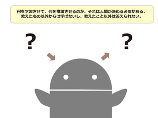 何を学習させて、何を推論させるのか、それは人間が決める必要がある。
教えたもの以外からは学ばないし、教えたこと以外は答えられない。
？ ？
 