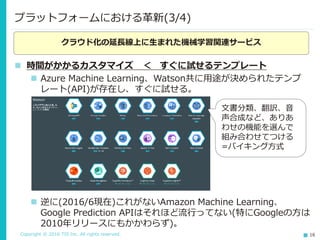 Copyright © 2016 TIS Inc. All rights reserved. 16
 時間がかかるカスタマイズ ＜ すぐに試せるテンプレート
 Azure Machine Learning、Watson共に用途が決められたテンプ
レート(API)が存在し、すぐに試せる。
プラットフォームにおける革新(3/4)
クラウド化の延長線上に生まれた機械学習関連サービス
文書分類、翻訳、音
声合成など、ありあ
わせの機能を選んで
組み合わせてつける
=バイキング方式
 逆に(2016/6現在)これがないAmazon Machine Learning、
Google Prediction APIはそれほど流行ってない(特にGoogleの方は
2010年リリースにもかかわらず)。
 