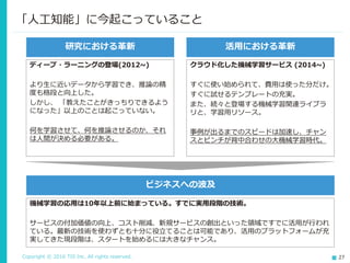 Copyright © 2016 TIS Inc. All rights reserved. 27
「人工知能」に今起こっていること
研究における革新 活用における革新
ディープ・ラーニングの登場(2012~)
より生に近いデータから学習でき、推論の精
度も格段と向上した。
しかし、 「教えたことがきっちりできるよう
になった」以上のことは起こっていない。
何を学習させて、何を推論させるのか、それ
は人間が決める必要がある。
クラウド化した機械学習サービス (2014~)
すぐに使い始められて、費用は使った分だけ。
すぐに試せるテンプレートの充実。
また、続々と登場する機械学習関連ライブラ
リと、学習用リソース。
事例が出るまでのスピードは加速し、チャン
スとピンチが背中合わせの大機械学習時代。
ビジネスへの波及
機械学習の応用は10年以上前に始まっている。すでに実用段階の技術。
サービスの付加価値の向上、コスト削減、新規サービスの創出といった領域ですでに活用が行われ
ている。最新の技術を使わずとも十分に役立てることは可能であり、活用のプラットフォームが充
実してきた現段階は、スタートを始めるには大きなチャンス。
 