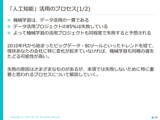Copyright © 2016 TIS Inc. All rights reserved. 30
 機械学習は、データ活用の一貫である
 データ活用プロジェクトの85%は失敗している
 よって機械学習の活用プロジェクトも同程度で失敗すると予想される
2010年代から始まったビッグデータ・BIツールといったトレンドを経て、
現状あなたの会社に特に変化が起きていなければ、機械学習も同様の道を
たどる可能性が高い。
失敗の原因はさまざまなものがあるが、本項では失敗しないために特に重
要と思われるプロセスについて解説していく。
「人工知能」活用のプロセス(1/2)
 