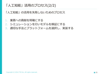 Copyright © 2016 TIS Inc. All rights reserved. 31
「人工知能」の活用を失敗しないためのプロセス
1. 業務への貢献を明確にする
2. シミュレーションを行いモデルを検証にする
3. 適切な手法とプラットフォームを選択し、実装する
「人工知能」活用のプロセス(2/2)
 