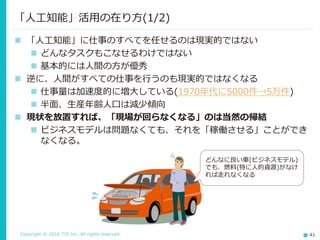 Copyright © 2016 TIS Inc. All rights reserved. 41
 「人工知能」に仕事のすべてを任せるのは現実的ではない
 どんなタスクもこなせるわけではない
 基本的には人間の方が優秀
 逆に、人間がすべての仕事を行うのも現実的ではなくなる
 仕事量は加速度的に増大している(1970年代に5000件→5万件)
 半面、生産年齢人口は減少傾向
 現状を放置すれば、「現場が回らなくなる」のは当然の帰結
 ビジネスモデルは問題なくても、それを「稼働させる」ことができ
なくなる。
「人工知能」活用の在り方(1/2)
どんなに良い車(ビジネスモデル)
でも、燃料(特に人的資源)がなけ
れば走れなくなる
 