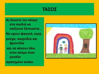ΤΑΣΟΣ
Ας δώσετε τον κόσμο
στα παιδιά να
παίζουνε ξένοιαστα .
Να εχουν φαγητό, νερό,
ρούχα, παιχνίδια και
φροντίδα
και να κάνουν όλοι
στον κόσμο έναν
μεγάλο
αγαπημένο κύκλο.
 