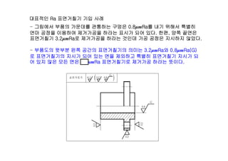대표적인 Ra 면거췶기 기입 사례
그림에서 부품의 가운데를 관통하는 구멍은 0 8 R 를 내기 위해서 특별히- 그림에서 부품의 가운데를 관통하는 구멍은 0.8μmRa를 내기 위해서 특별히
연마 공정을 이용하여 제거가공을 하라는 표시가 되어 있다. 한편, 양쪽 끝면은
면거췶기 3.2μmRa로 제거가공을 하라는 것인데 가공 공정은 지시하지 않았다.
- 부품도의 윗부분 왼쪽 공간의 면거췶기의 의미는 3.2μmRa와 0.8μmRa(G)
로 면거췶기의 지시가 되어 있는 면을 제외하고 특별히 면거췶기 지시가 되
어 있지 않은 모든 면은 6 3μmRa 면거췶기로 제거가공 하라는 뜻이다어 있지 않은 모든 면은 6.3μmRa 면거췶기로 제거가공 하라는 뜻이다.
 