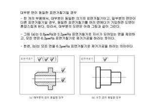 대부분 면이 동일한 면거췶기일 경우
한 개의 부품에서 대부분이 동일한 크기의 면거췶기이고 일부분의 면만이- 한 개의 부품에서, 대부분이 동일한 크기의 면거췶기이고, 일부분의 면만이
다른 면거췶기일 경우, 동일한 면거췶기를 여러 면에다가 기입하면 도면이
혼잡스럽게 된다. 따라서, 대부분의 도면은 아래 그림과 같이 그린다.
- 그림 (a)는 0.8μmRa와 3.2μmRa 면거췶기로 지시가 되어있는 면을 제외하
고, 모든 면은 6.3μmRa 면거췶기로 제거가공을 하라는 뜻이다.
- 한편, (b)는 모든 면을 6.3μmRa 면거췶기로 제거가공을 하라는 의미이다.
 