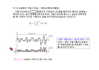 12-3 산술평균 거칠기 (Ra) – [중심선평균산출법]
거칠기곡선에서 평균선 방향으로 기준길이 L만큼을 뽑아내어 평균선 방향을- 거칠기곡선에서 평균선 방향으로 기준길이 L만큼을 뽑아내어 평균선 방향을 x
축으로 하고, 높이 방향을 y축으로 하여, 거칠기곡선을 함수 y = f(x)로 표현하였
을 때, 아래의 식으로 구해지는 값을 마이크로미터(μm)로 나타낸 것.
“표면 거칠기는 1.6a 로 한다.” 의
의미→ 표면 거칠기를 Ra 방법으
로 측정하였을 때 측정값이 1.6㎛
를 넘으면 안 된다.
 