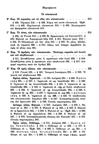 Περιεχόμενα ζ'
Τά ουσιαστικά
Β" Κεφ. 01 σημασίες και τά είδη τών ουσιαστικών 213
§ 485. Όρισμός 213. — § 486. Κύρια και κοινά ουσιαστικά.
213. — § 492. Περιληπτικά ουσιαστικά 215. — § 493. Συγκεκριμένα
και αφηρημένα ουσιαστικά 215.
Γ' Κεφ. Τό γένος τών ουσιαστικών 215
§ 494. Α) Γενικά 215. — § 498. Β) Σχηματισμός του θηλυκού 217 : §
500. θηλυκά μέ διαφορετική λέξη 218. § 501. Θηλυκά ζώο)ν 218.—
§ 504. Γ) Ουσιαστικά μέ δύο γένη 219. — § 507. Τό γένος αλλάζει
κατά τή σημασία 220. — § 510. Λέξεις πού υπάρχει άμφιβολία ώς
πρός τό γένος τους 221.
Δ' Κεφ. Ό αριθμός τών ουσιαστικών. 'Ιδιαίτερη σημασία του ένικού
καΐ του πληθυντικού f 222
§ 511. Συνηθίζονται μόνο ή προπάντων στον ενικό 222. — § 514.
Συνηθίζονται μόνο ή προπάντων στον πληθυντικό 224. — § 517. Δια-
φορά σημασίας κατά τον άριθμό 225.
Ε' Κεφ. ΟΙ τρεις κλίσεις τών ουσιαστικών 225
§ 518. Γενικά 225. — § 521. Ιστορική διασάφηση 226. — § 522. ΊΙ
γενική του πληθυντικού 229.
Πρώτη κλίση. 'Αρσενικά. — § 525. Διαίρεση 231.— § 526. Π ρ ώ τ η
τ ά ξ η 231. — § 527. 1. 'Αρσενικά σέ -ας Ισοσύλλαβα 231. — § 529.
2. 'Αρσενικά σέ -ας άνισοσύλλαβα 232. — § 531. 3. 'Αρσενικά σέ -ης
ισοσύλλαβα 233. — § 533. 4. 'Αρσενικά σέ -τής μέ διπλό πληθυντικό
233. — § 534. 5. 'Αρσενικά σέ -ης άνισοσύλλαβα 234. — § 536. 6.
Αρσενικά σέ -ες 235. — § 537. 7. 'Αρσενικά σέ -ους 235. — Δ ε ύ τ ε ρ η
τ ά ξ η . § 538. 8. 'Αρσενικά σέ -ος 236. — § 545. Ό πληθυντικός
τών οικογενειακών ονομάτων 238. — § 547. 'Ανακεφαλαιωτικός πίνα-
κας τών αρσενικών 239. — § 548. Γενικές παρατηρήσεις 239.
Δεύτερη κλίση. Θηλυκά. — § 550. Διαίρεση 240. — § 552. 1. θη-
λυκά σέ -α 240. — § 557. 2. θηλυκά σέ -η 243. — § 560. 3. θηλυκά
σέ -η αρχαιόκλιτα 244. — § 563. 4. θηλυκά σέ -ω. Όρ&. 245.— § 566.
5. θηλυκά σέ -ος αρχαιόκλιτα 246. — § 569. 6. θηλυκά σέ ·ου
247. — § 570. 'Ανακεφαλαιωτικός πίνακας τών θηλυκών 247. — § 572.
Γενικές παρατηρήσεις 247.
Τρίτη κλίση. Ούδέτερα. — § 574. Διαίρεση 248. — Π ρ ώ τ η τά-
ξη. ' Ι σ ο σ ύ λ λ α β α : § 575. 1. Ούδέτερα σέ -ο 248. — § 577. 2.
Ούδέτερα σέ Όρ&. 249. — § 582. 3. Ούδέτερα σέ -ος 251. — §
586. Δ ε ύ τ ε ρ η τ ά ξ η . Ά ν ι σ ο σ ύ λ λ α β α 251 : § 587. 4. Ού-
δέτερα σέ 'μα 251. — § 589. 5. Ούδέτερα σέ -σιμο (-ξιμο, -ψιμο)
 