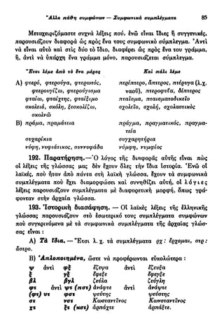 "Αλλα πά&η συμφώνων — Συμφωνικά συμπλέγματα 83
Μεταχειριζόμαστε συχνά λέξεις που, ενώ είναι ϊδιες ή συγγενικές,
παρουσιάζουν διαφορά ώς προς ενα τους συμφωνικό σύμπλεγμα. Ά ν τ ι
νά είναι αυτό και στίς δυο τό ίδιο, διαφέρει ώς προς ëva του γράμμα,
ή, αντί νά ΰπάρχη ενα γράμμα μόνο, παρουσιάζεται σύμπλεγμα.
"Ετσι λέμε από τό ëva μέρος Kai πάλι λέμε
Α) φτερό, φτερούγα, φτερωτός, περίπτερο, απτερος, πτέρυγα (λ.χ.
φτερουγίζω, φτερούγισμα ναού), πτεροφυια, δίπτερος
φταίω, φταίχτης, φταίξιμο πταίσμα, πταισματοδικείο
σκολειό, σκόλη, ξεσκολίζω, σχολείο, σχολή, σχολαστικός
σκολνώ
Β) πράμα, πραμάτεια πράγμα, πραγματικός, πραγμα-
τεία
συχαρίκια συγχαρητήρια
νύφη, νυφιάτικος, συννυφάδα νύμφη, νυμφίος
192. Παρατήρηση.—Ό λόγος τής διαφοράς αύτής είναι πώς
οι λέξεις τής γλώσσας μας δέν έχουν δλες τήν ϊδια ιστορία. Έ ν ώ ο!
λαϊκές, πού ήταν άπό πάντα στή λαϊκή γλώσσα, έχουν τά συμφωνικά
συμπλέγματα πού έχει διαμορφώσει και συνηθίζει αύτή, οί λ ό γ ι ε ς
λέξεις παρουσιάζουν συμπλέγματα μέ διαφορετική μορφή, δπως γρά-
φονταν στήν άρχαία γλώσσα.
193. 'Ιστορική διασάφηση. — Οί λαϊκές λέξεις τής ελληνικής
γλώσσας παρουσιάζουν στό εσωτερικό τους συμπλέγματα συμφώνων
πού συγκρινόμενα μέ τά συμφωνικά συμπλέγματα τής άρχαίας γλώσ-
σας είναι :
Α) Τά ϊδια. — "Ετσι λ. χ. τά συμπλέγματα ρχ : έρχομαι, στρ :
άστρο.
Β) β
Απλοποιημένα, ώστε νά προφέρωνται εύκολώτερα :
ψ άντί φξ εζεψα άντι εζευξα
ξ γξ εφ εξε εφεγξε
βλ βγλ ζεύλα ζεύγλη
φτ άντι ψτ (ποτ) άνάφτε άντι ανάψτε
(φτ) ντ φατ ψεύτης ψεύστης
στ νατ Κωσταντϊνος Κωνσταντίνος
χτ ξτ (κατ) άρπάχτε αρπάξτε.
 