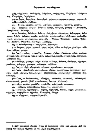 Συμφωνικά συμπλέγματα 89
μβρ.—αμβροσία, Δεκέμβριος, εμβρίθεια, μεσημβρινός, Νοέμβριος, 'Αμβρακι-
κός, Μεσημβρία, "Αμβρόσιος.
μφ.— άμφια, αμφιβολία, αμφισβητώ, ράμφος, συμφέρει, συμφορά, συμφωνώ,
μβλ.— άμβλεία, έμβλημα.
ντ.— έντεκα, καντήλι, κοντύλι, μάνταλο, μανταρίνι, σφεντόνα, χαντάκι.
ντρ.— άντράκλα, άντρας, αντρείος, δέντρο, παντρειά, χοντρός — Άντραβίδα,
'Αντρίτσαινα, Χαλάντρι.
νδ.— άσπονδος, άνένδοτος, ενδειξη, ενδεχόμενο, ενδιάθετος, ενδιαφέρον, ενδό-
μυχος, ένδοξος, Ινδικός, σπονδή, σπόνδυλος, συνδαιτυμόνας, σύνδεσμος, συνδιαλλα-
χτικός, συνδικάτο, συνδιοικητής, συνδυάζω — Πίνδος, Έλγολάνδη, *Ινδία, 'Ιρλαν-
δία, Αονδίνο, 'Ολλανδία, Πανδώρα, Πίνδαρος.
νδρ·— παλινδρομικός — 'Ανδρομέδα, Λύσανδρος.
μ.— άπόγεμα, ρέμα, ρεματιά, ψέμα, κάμα, κλάμα — άγρίεμα, βαοίλεμα, κλά-
δεμα, σάλεμα, φύτεμα.
βμ (υμ).— γεϋμα, γευματίζω, ϊγκανμα, θαύμα, θαυμάζω, νεϋμα, πνεύμα,
πνευματισμός, πνεύμονας (καί πνεμόνι), ρεϋμα (λ.χ. νεροϋ), ρευματισμός, πολίτευμα,
έμπόρευμα κτλ.
ψ.—δούλεψη, χώνεψη, κάψα, κλάψα — έκαψα, ξκλαψα, άγγάρεψα, άγρίεψα,
γειτόνεψα, γιάτρεψα, γοήτεψα, μούσκεψα, ταξίδεψα.
φχ (ν
Χ)·—Β
^χή, εύχαρϊστώ, εύχομαι, προσεύχομαι, καυχιέμαι,
φα (υσ).— άπαιδευσία, ευσυνειδησία, ένσημο, κλαυσίγελος, παυσίλυπος, καύ-
σιμος (αλλά κάψιμο), εμπορεύσιμος, στρατεύσιμος, επιστράτευση, άπόλαυση (καί
άπόλαψη).
φστ (υστ),— απολαυστικός, αυστηρός, καυστικός, κελευστής, ναύσταθμος,
άναπνευστικός, ρευστός (αλλά άκατάπαυτος, άκαυτος, άκλαυτος).
χ.— κόχη, κοχύλι, ροχαλίζω, συ(γ)χύζω, συ(γ)χωρώ, συχαρίκια.
χν.— σπλάχνο, σπλαχνίζομαι, άσπλαχνος, σπλαχνικός.
ΥΧ·— άγχίνοια, άγχίστροφος, αγχόνη, εγχείρηση, έλέγχω, λόγχη, μελαγχολία,
συγχαίρω, συγχορδία—'Αγχίαλος, Κοπεγχάγη, Μάγχη.
γχρ,— σύγχρονος, συγχρωτίζομαι (!
).
1. Στήν ποιητική γλώσσα έχουν τό λαϊκότερο τύπο καί μερικές άπό τις
λέξεις πού αλλιώς λέγονται μέ τά λόγια συμπλέγματα.
 