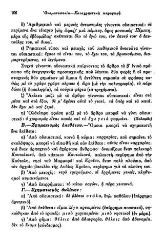 106 Όνοματοπο ιία—Καταχρηση χή παραγωγή
δ) Αριθμητικά και μερικές άντωνυμίες γίνονται ουσιαστικά : oi
περίμενα ενα τέταρτο (τής ώρας)* μιά πέμπτη, δρος μουσικός* Πέμπτη,
μέρα τής εβδομάδας* σκέπτεται δλο τά έγώ του, τάν έαυτό του9
δ έαυ-
τούλης του, ol δικοί.
ε) Ρηματικοί τύποι και μετοχές τοΰ παθητικού ένεστώτα γίνον-
ται ουσιαστικά : εχασε τό είναι του, τό εχει του, τά βριοκούμενα, δια-
μαρτυρόμενος, τά λεγόμενα.
Συχνά γίνονται ούσιαστικά παίρνοντας τό άρθρο τό β' ενικό πρό-
σωπο τής ενεργητικής προσταχτικής πού λέγεται δύο φορές ή ot προ-
σταχτικές δύο ρημάτων μέ δμοια ή άντίθετη σημασία σέ φράσεις κα-
θώς μέ τό γράφε γράφε πέρασε ή ώρα (μέ τήν πολυγραφία), τό πάρε
δώσε (ή δοσοληψία), τά σούρτα φέρτα (τά τρεχάματα).
ζ) Άκλιτα μαζί μέ τό άρθρο γίνονται ούσιαστικά: είναι στά
μέσα καί στά εξω, δέ μ9
άρέσει αύτό τό γιατί, τά υπέρ καί τά κατά,
δέν εχει μά καί ξεμά.
η) Όλόκληρη φράση μαζί μέ τό άρθρο μπορεί νά γίνη ούσια-
στικό : δ χωρισμός είναι κακός καί τό ε χ ε γεια φαρμάκι. (Παλαμάς)
Β.—Σχηματισμός έπιθέτον.—"Ομοια μπορεί νά σχηματιστή
ενα επίθετο :
α) Ά π ό ούσιαστικά, κοινά ή κύρια : καρχαρίας, πού σημαίνει τό
σκυλόψαρο, μπορεί νά είπωθή και σάν έπίθετο : αυτός είναι καρχαρίας,
γιά έναν αρπαχτικό καί άχόρταγο άνθρωπο* δνομάζομε εναν παλικαρά
Κουταλιανό, άπό κάποιον Κουταλιανό, παλαιστή, περίφημο άπό τήν
Κούταλη, νησί τοΰ Μαρμαρά* καί Κροίσο, έναν πολύ πλούσιο, άπό
τόν άρχαιο βασιλέα τής Λυδίας Κροίσο, περίφημο γιά τά πλούτη του.
β) Ά π ό μετοχές : νερό τρεχούμενο, ol έρχόμενες γενεές, πληθυ-
σμοί κυμαινόμενοι.
γ) Ά π ό έπιρρήματα : τό κάτω σαγόνι, ή πέρα γειτονιά.
Γ.—Σχηματισμός άκλιτων:
α) Ά π ό ούσιαστικά: δέ βλέπω στάλα, δηλ. καθόλου (έπίρρημα
άρνητικό).
β) Ά π ό επίθετα: είμαι λίγο κρυωμένος (έπίρρημα ποσοτικό), ση-
κώθηκαν από τό τραπέζι μισό χορτασμένοι μισό νηστικοί (εν μέρει).
γ) Ά π ό ρήμα: θέλεις άπό άδιαφορία, θέλεις άπό Αδυναμία,
δέν τό εκαμε (σύνδεσμος).
 