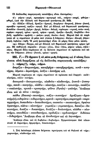 122 Παραγωγή—Ουσιαστικά
Ot άκόλουθες παραγωγικές καταλήξεις είναι ατονημένες :
-ά t φέρνω - φορά, προσφέρνω - προσφορά κτλ., σπέρνω - σπορά, φθείρω -
φθορά, (γιά τήν αλλαγή του θεματικού φωνήεντος βλ. 242).
-ή t άλλάζω - άλλαγή, άρπάζω - άρπαγή, άστράφτω - άστραπή, βόσχω- βοσκή,
προκόβω - προκοπή, σφάζω-σφαγή. Καί μέ άλλαγή του θεματικού φωνήεντος:
άνατέλλω - άνατολή, βρέχω - βροχή, έκλέγω - έκλογή, ντρέπομαι - ντροπή, πνέω-πνοή,
στρέφω - στροφή, τρέπω - τροπή, τρέφω-τροφή, άμείβω - αμοιβή, άναβάλλω - άνα-
βολή, προβάλλω - προβολή — φεύγω - φυγή, άκούω - ακοή. Μερικά άπό τά παρά-
γωγα σέ -η σημαίνουν τό μέσο πού γίνεται ή ένέργεια: άλείφω - άλοιφή, βάφω -
βαφή, λαβαίνω - λαβή. Ή μονή (μοναστήρι) είναι τό μέρος όπου μένει κανείς.
-ος t έλέγχω - ίλεγχος, καί μέ άλλαγή του θεματικού φωνήεντος τρέμω-τρό-
μος. Μέ παθητική σημασία : γίνομαι - γόνος, λέγω - λόγος, φέρνω - φόρος, πήζω -
πάγος. Μερικά άλλα παράγωγα σέ -ός όξύτονα σημαίνουν τό πρόσωπο πού κά-
νει τήν ένέργεια : βόσχω - βοσκός, τρέφω - τροφός.
265. Γ.— Τά 8ργανο ή τό μέσο μι&ς ένέργειας και ό τόπος δπου
γίνεται αυτή Ικφράζεται μέ τις άκόλουθες παραγωγικές καταλήξεις:
1. -τήρας(ι
), -τήρι9 -τήριο.
Ανεμίζω — Ανεμιστήρας, καταβρέχω — καταβρεχτήρας, κινώ — κινη-
τήρας, λάμπω—λαμπτήρας, λούζω - λουτήρας κτλ.
Μερικά παράγωγα σέ -τήρας σημαίνουν τό πρόσωπο πού ένεργεΐ : καλώ -
κλητήρας, σώζω - σωτήρας.
Ακουμπώ — ακουμπιοτήρι, κλαδεύω — κλαδευτήρι, ξυπνώ — ξυπνη-
τήρι, πατώ — πατητήρι, πλάθω — πλαστήρι, ποτίζω — ποτιστήρι, σκαλίζω
— σκαλιστήρι, τρυπώ —τρυπητήρι, ψέλνω (έψαλα)— ψαλτήρι. Ανάλογο
είναι καί τό πίνω - ποτήρι.
πείθω (έπεισα)-πειστήριο, πιέζω—πιεστήριο' έργάζομαι—έργα-
στήρι(ο), σιδερών ω—σιδερωτήριο, κρατώ—κρατητήριο,παρατηρώ—παρα-
τηρητήριο, έκπαιδεύω - έκπαιδευτήριο, σκοπεύω — σκοπευτήριο, υφαίνω
υφαντήριο, πλένω — πλυντήριο' γυμνάζω — γυμναστήριο, δανείζω—δα-
νειστήριο, δικάζω — δικαστήριο, διυλίζω — διυλιστήριο, κλώθω — κλω-
στήριο, σπουδάζω - σπουδαστήριο, σχεδιάζω — σχεδιαστήριο* διδάσκω
-διδαχτήριο. Ανάλογα είναι τό Αποδυτήριο καί τό λογιστήριο.
'Ανάλογο είναι καί τό διαβαίνω - διαβατήριο. Σχηματίστηκαν άπό ούσια-
στικά τό άκρωτήριο, ερημητήριο, ύπασπιστήριο.
1. Στή λαϊκότερη γλώσσα δείχνεται προτίμηση γιά τά θηλυκά σέ -τήρα :
φορτωτήρα, κλαδευτήρα κτλ.
 