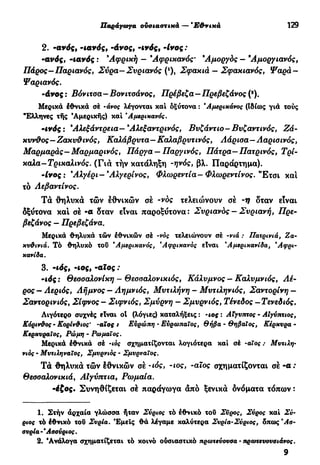Παράγοογα ονοιαστικά — *Εθνικά 129
2. -aviç, -ιανός, -άνος, -ινός, -Ινος :
-ανός, -ιανός : *Αφρική - *Αφρικανός' 9
Αμοργός — 9
Αμοργιανός,
Πάρος—Παριανός, Σύρα—Συριανός (ι
), Σφακιά — Σφακιανός, Ψαρά-
Ψαριανός.
-άνος: Βόνιτοα—Βονιχοάνος, Πρέβεζα—Πρεβεζάνος(*).
Μερικά Ιθνικά σέ -άνος λέγονται και όξύτονα : 'Αμερικάνος (Ιδίως γιά τούς
"Ελληνες τής Αμερικής) καί 'Αμερικανός.
-ινός : Άλεξάντρεια— Άλεξαντρινός, Βυζάντιο-Βυζαντινός, Ζά-
κυνθος—Ζακυθινός, Καλάβρυτα—Καλαβρυτινός, Λάρισα—Ααριοινός,
Μαρμαράς-Μαρμαρινός, Πάργα —Παργινός, Πάτρα—Πατρινός, Τρί-
καλα-Τρικαλινός. (Γιά τήν κατάληξη -ηνός, βλ. Παράρτημα).
-Ινος : 9
Αλγέρι-9
Αλγερινός, Φλωρεντία-Φλωρεντινός. "Εχσι καί
τό Λεβαντίνος.
Τά θηλυκά τών εθνικών σέ -νός τελειώνουν σέ -1? δταν είναι
δξΰτονα και σέ -α δταν είναι παροξύτονα : Συριανός - Συριανή, Πρε-
βεζάνος — Πρεβεζάνα.
Μερικά θηλυκά τών έθνικών σέ -νός τελειώνουν σέ -νιά : Πατρινιά, Ζα-
χυθινιά. Τό θηλυκό τού 'Αμερικανός, *Αφρικανός είναι "Αμερικανίδα, *Αφρι-
χανίδα.
3. -ιός, -ιος, -αϊος ;
-ιάς : Θεσσαλονίκη - Θεσσαλονικιός, Κάλυμνος — Καλυμνιός, Λέ-
ρος — Λεριός, Λήμνος — Λημνιός, Μυτιλήνη - Μυτιληνιός, Σαντορίνη —
Σαντορινιός, Σίφνος - Σιφνιός, Σμύρνη — Σμυρνιός, Τένεδος —Τενεδιός.
Λιγότερο συχνές είναι ot (λόγιες) καταλήξεις : -ιος : Αίγυπτος - Αιγύπτιος,
Κόρινθος - Κορίνθιος' -αϊος / Ευρώπη - Ευρωπαίος, Θήβα - Θηβαίος, Κέρκυρα -
Κερκυραίος, Ρώμη - Ρωμαίος.
Μερικά έθνικά σέ -ιός σχηματίζονται λογιότερα καί σέ -αΐος : Μυτιλη-
νιός - Μυτιληναίος, Σμυρνιός · Σμυρναίος.
Τά θηλυκά τών έθνικών σέ -ιός, -ιος, -αιος σχηματίζονται σέ - α :
Θεσσαλονικιά, Αιγύπτια, Ρωμαία.
·6ζος. Συνηθίζεται σέ παράγωγα άπό ξενικά δνόματα τόπων :
1. Στήν άρχαία γλώσσα ήταν Σύριος τό εθνικό τοΰ Σύρος, Σύρος καί Σύ-
ριος τό έθνικό τού Συρία. Εμείς θά λέγαμε καλύτερα Συρία-Σύριος, όπως Άσ-
ουρία - Άσούριος.
2. 'Ανάλογα σχηματίζεται τό κοινό ούσιαστικό πρωτεύουσα - πραηευουσιάνος.
9
 