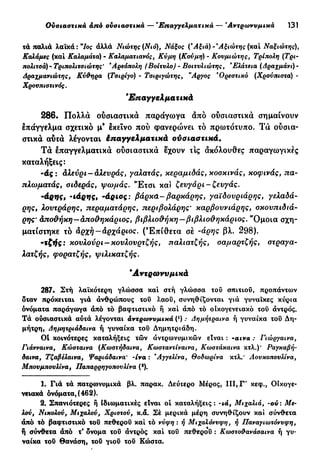 Ουσιαστικά από ουσιαστικά — Επαγγελματικά — Άντρωνυμικά 131
τά παλιά λαϊκά :"Ιος άλλά Νιώτης (Νιό), Νάξος (*Αξιά) -Άξιώτης (καί Ναξιώτης),
Καλάμες (καί Καλαμάτα) - Καλαματιανός, Κύμη (Κούμη) - Κουμιώτης, Τρίπολη (Τρι-
πολιτσά)- Τριπολιτσιώτης' 'Αρεόπολη (Βοίτυλο) - Βοιτυλιώτης, *Ελάτεια (Δραχμάνι)-
Δραχμανιώτης, Κν&ηρα (!Τσιρίγο) - Τσιριγώτης, ν
Αργός Όρεστικό (Χρούπιστα) -
Χρουπιστινός.
'Επαγγελματικά
286. Πολλά ουσιαστικά παράγωγα άπό ουσιαστικά σημαίνουν
επάγγελμα σχετικό μ8
εκείνο πού φανερώνει τό πρωτότυπο. Τά ουσια-
στικά αυτά λέγονται έπαγγελματικά ούσιαστικά.
Τά επαγγελματικά ούσιαστικά έχουν τις άκόλουθες παραγωγικές
καταλήξεις:
-άς: άλεύρι-αλευράς, γαλατάς, κεραμιδάς, κοσκινάς, κοφινάς, πα-
πλωματάς, σιδεράς, ψωμάς. "Ετσι και ζευγάρι-ζευγάς.
-άρης, -ιάρης, -άριος: βάρκα-βαρκάρης, γαϊδουριάρης, γελαδά-
ρης, λουτράρης, περαματάρης, περιβολάρης· καρβουνιάρης, σκουπιδιά-
ρης' άποθήκη—άποθηκάριος, βιβλιοθήκη—βιβλιοθηκάριος. "Όμοια σχη-
ματίστηκε τό άρχη-Αρχάριος. ( Ε π ί θ ε τ α σέ -άρης βλ. 298).
-τζής: κουλούρι — κουλουρτζής, παλιατζής, σαμαρτζής, στραγα-
λατζής, φορατζής, ψιλικατζής.
Άντρωνυμικά
287. Στή λαϊκότερη γλώσσα καί στή γλώσσα του σπιτιού, προπάντων
όταν πρόκειται γιά άνθρώπους του λαού, συνηθίζονται γιά γυναίκες κύρια
ονόματα παράγωγα άπό τό βαφτιστικό ή καί άπό τό οικογενειακό τού άντρός.
Τά ούσιαστικά αύτά λέγονται άντρωνυμικά (*) .· Δημήτραινα ή γυναίκα τού Δη-
μήτρη, Δημητριάδαινα ή γυναίκα τού Δημητριάδη.
01 κοινότερες καταλήξεις τών άντρωνυμικών είναι : -cuva .· Γιώργαινα,
Γιάνναινα, Κώσταινα (Κωστήδαινα, Κωσταντίναινα, Κωστάκαινα κτλ.)* Ραγκαβή-
δαινα, Τζαβέλαινα, Ψαριάδαινα' -ίνα : Άγγελίνα, Θοδωρίνα κτλ.' Λουκοπουλίνα,
Μπουμπουλίνα, Παπαρρηγοπουλίνα (*).
1. Γιά τά πατρωνυμικά βλ. παρακ. Δεύτερο Μέρος, III, Γ' κεφ., Οίκογε-
νειακά ονόματα, (462).
2. Σπανιότερες ή Ιδιωματικές είναι οί καταλήξεις: -ιά, Μιχαλιά, -ου: Με-
λού, Νικολού, Μιχαλού, Χριστού, κ.ά. Σέ μερικά μέρη συνηθίζουν και σύνθετα
άπό τό βαφτιστικό τού πεθερού καί τό νύφη : ή Μιχαλόνυφη, ή Παναγιωτόνυφη,
ή σύνθετα άπό τ* όνομα τού άντρός καί του πεθερού : Κωστο&ανάσαινα ή γυ-
ναίκα τού Θανάση, τού γιού τού Κώστα.
 