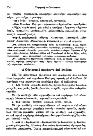134 Παραγωγή — Ουσιαστικά
γει : τραπέζι ^ τραπεζιέρης, καμαριέρης, κανονιέρης, καροτσιέρης, πορ-
τιέρης, ρουτινιέρης, τιμονιέρης.
-ικ6: ασήμι—ασημικό, μπαχαρικό, χρυσαφικό.
-λίκι· Σημαίνει ιδιότητα: Αρματολός — άρματολίκι, προεδριλίκι.
-6(y)ı, περιληπτική, γι« σύνολο έμψυχων: άρχοντας - αρχοντο-
λό(γ)ι, γυφτολό(γ)ι, κουβεντολό(γ)ι, μελισσολό(γ)ι, σκυλολό(γ)ι, συγγε-
νολό(γ)ι, συμπε&ερολό(γ)ι.
-ουριά, περιληπτική: κλέφτης — κλεφτού ριά, λασπουριά, λεβεν-
τουριά' Λιαπουριά, Μανιατουριά, Τσαμουριά μέ τοπική σημασία.
290. Σπάνιες καί απαρχαιωμένες είναι οί καταλήξεις: -&εμι, περιλη-
πτική: γυναίκα - γυναικοΰέμι, κατσικο&έμι, κοριτσο&έμι, μελισσο&εμι, παιδο&έμι—
•λάσι, περιληπτική : αντρολάσι, γυναικολάσι, παιδολάσι— -λόγος. Σημαίνει τό δρ-
γανο : βίδα - βιδολόγος, λαδσλόγσς, (άλλά καί β' συνθετικό σέ λόγιες λέξεις καθώς
γλωσσολόγος)—-μάνι, περιληπτική: αύγομάνι, γυναικομάνι, παιδομάνι.
291. 'Ατονημένες παραγωγικές καταλήξεις είναι οί λόγιες -ίτης: στύλος -
στυλίτης, τεχνίτης, τραπεζίτης ότης : δήμος - δημότης — -ιώτης : στρατός (στρα-
τιά) - στρατιώτης, ταξιδιώτης.
ν) Ουσιαστικά παράγωγα ajtô έπίθετα
292. Τά περισσότερα ουσιαστικά πού παράγονται-άπό έπίθετα
είναι άφηρημένα καί σημαίνουν ιδιότητες σχετικές μέ τό έπίθετο. OÎ
συχνότερες τους παραγωγικές καταλήξεις είναι οι άκόλουθες :
1. - ά ί α : άγριος — άγριάδα, άσπράδα, γρηγοράδα, γλυφάδα, λαμπάδα,
μαυράδα, νοστιμάδα, ξινάδα, ξυπνάδα, πικράδα, πρασινάδα, σκληράδα,
ταγκάδα.
Μέ τήν κατάληξη -άδα σχηματίζονται καί παράγωγα άπό ούσια-
στικά: βύσσινο—βυσσινάδα, πορτοκάλι—πορτοκαλάδα.
2. -ίλα : άσπρος—άσπρίλα, μαυρίλα, ξινίλα, σαπίλα.
Μέ τήν κατάληξη -ίλα σχηματίζονται και παράγωγα άπό ούσια-
στικά, πού σημαίνουν μυρωδιά: καπνός - καπνί λα, κρεατίλα, προβα-
τίλα, τραγίλα, χωματίλα, ψαρίλα. Μέ τήν κατάληξη -ίλα σχηματίζον-
ται καί μερικά παράγωγα άπό ρήματα: Ανατριχιάζω - Ανατριχίλα, καίο-
μαι (κάηκα) — καΐλα.
3. -οαύνη : Αγράμματος — Αγραμματοσύνη, Ακαματοσύνη, Ακαταδε-
χτοσύνη, Αντρειοσύνη, Αξιοσύνη, δικαιοσύνη, εμπιστοσύνη, εύγνωμοσύνη,
καλοσύνη, μεγαλοσύνη. "Ομοια σχηματίζονται, από ούσιαστικά, και πα-
 
