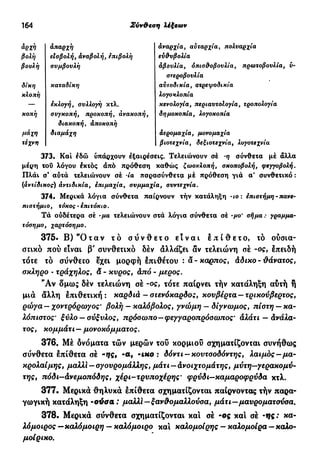 164 Σύν&εση λέξεων
άρχή απαρχή άναρχία, ανιαρχία, πολυαρχία
βολή είσβολή, αναβολή, επιβολή εν&νβολία
βουλή συμβουλή άβουλία, οπισθοβουλία, πρωτοβουλία, υ-
στεροβουλία
δίκη καταδίκη αύιοδικία, στρεψοδικία
κλοπή λογοκλοπία
— εκλογή, συλλογή κτλ. κενολογία, περιαυτολογία, τροπολογία
κοπή συγκοπή, προκοπή, ανακοπή, δημοκοπία, λογοκοπία
διακοπή, αποκοπή
μάχη διαμάχη αερομαχία, μονομαχία
τέχνη βιοτεχνία, δεξιοτεχνία, λογοτεχνία
373. Καί εδώ υπάρχουν εξαιρέσεις. Τελειώνουν σέ ·η σύνθετα μέ άλλα
μέρη τού λόγου έκτός άπό πρόθεση καθώς ζωοκλοπή, σκοποβολή, φεγγοβολή.
Πλάι σ' αύτά τελειώνουν σέ Ία πσρασύνθετα μέ πρόθεση γιά α' συνθετικό :
(άντιδικός) αντιδικία, επιμαχία, συμμαχία, συντεχνία.
374. Μερικά λόγια σύνθετα παίρνουν τήν κατάληξη -ιο : επιστήμη - πανε-
πιστήμιο, τόκος · επιτόκιο.
Τά ούδέτερα σέ -μα τελειώνουν στά λόγια σύνθετα σέ ·μο' σήμα : γραμμα-
τόσημο, χαρτόσημο.
375. Β ) β
Ό τ α ν τ ό σ ύ ν θ ε τ ο ε ί ν α ι ε π ί θ ε τ ο , τό ουσια-
στικό πού είναι β' συνθετικό δέν άλλάζει αν τελειώνη σέ -ος, έπειδή
τότε τό σύνθευο έχει μορφή έπιθέτου : α - καρπός, άδικο- θάνατος,
σκληρό · τράχηλος, ä - κύρος, άπό - μέρος.
"Αν δμως δέν τελειώνη σέ -ος, τότε παίρνει τήν κατάληξη αύτή ή
μιά άλλη έπιθετική : καρδιά — στενόκαρδο;, κουβέρτα — τρικούβερτος,
ρώγα — χοντρόρωγος' βολή — καλόβολος, γνώμη — δίγνωμος, πίστη — κα-
λόπιστος' ξύλο — σύξυλος, πρόσωπο—φεγγαροπρόσωπος' αλάτι — άνάλα-
τος, κομμάτι— μονοκόμματος.
376. Μέ δνόματα τών μερών τοΰ κορμιοΰ σχηματίζονται συνήθως
σύνθετα έπίθετα σέ -ifç, -α, ΊΗΟ : δόντι — κουτσοδόντης, λαιμός—μα-
κρολαίμης, μαλλί —σγουρομάλλης, μάτι — άνοιχτομάτης, μύτη—γερακομύ-
της, πόδι-άνεμοπόδης, χέρι-τρυποχέρης' φρύδι—καμαροφρύδα κτλ.
377. Μερικά θηλυκά έπίθετα σχηματίζονται παίρνοντας τήν παρα-
γωγική κατάληξη ·ούσα : μαλλί—ξανθόμαλλούσα, μάτι—μαύροματούσα.
378. Μερικά σύνθετα σχηματίζονται καί σέ -ος καί σέ -ης: κα-
λόμοιρος —καλόμοιρη — καλόμοιρο καί καλομοίρης — καλομοίρα — καλο-
μοίρικο.
 