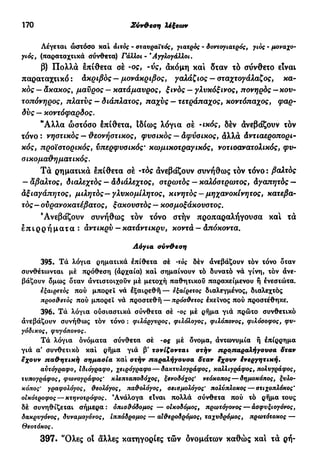 170 Σύν&εση λέξεων
Λέγεται ωστόσο καί άιτός - σταυραϊτός, γιατρός - δοντογιατρός, γιος - μοναχο-
γιός, (παραταχτικά σύνθετα) Γάλλοι - Άγγλογάλλοι.
β) Πολλά επίθετα σέ -ος, -ύς, άκόμη και δταν τό σύνθετο είναι
παραταχτικά: Ακριβός —μονάκριβος, γαλάζιος — σταχτογάλαζος, κα-
κός — άκακος, μαύρος — κατάμαυρος, ξινός — γλνκόξινος, πονηρός — κου-
τοπόνηρος, πλατύς — διάπλατος, παχύς — τετράπαχος, κοντόπαχος, φαρ-
δύς — κοντόφαρδος.
"Αλλα ωστόσο έπίθετα, Ιδίως λόγια σέ -ικός, δέν άνεβάζουν τόν
τόνο : νηστικός — θεονήστικος, φυσικός — Αφύσικος, άλλά Αντιαεροπορι-
κός, προϊστορικός, υπερφυσικός· κωμικοτραγικός, νοτιοανατολικός, φυ-
σικομαθηματικός.
Τά ρηματικά έπίθετα σέ -τός άνεβάζουν συνήθως τόν τόνο: βαλτός
— αβαλτος, διαλεχτός — Αδιάλεχτος, στρωτός — καλόστρωτος, Αγαπητός —
Αξιαγάπητος, μιλητός—γλυκομίλητος, κινητός — μηχανοκίνητος, κατεβα-
τός—οϋρανοκατέβατος, ξακουστός — κοσμοξάκουοτος.
Άνεβάζουν συνήθως τόν τόνο στήν προπαραλήγουσα και τά
έ π ι ρ ρ ή μ α τ α : αντίκρυ — κατάντικρυ, κοντά — Απόκοντα.
Λόγια σύν&εση
395. Τά λόγια ρηματικά έπίθετα σέ -τός δέν άνεβάζουν τόν τόνο όταν
συνθέτωνται μέ πρόθεση (άρχαία) καί σημαίνουν τό δυνατό νά γίνη, τόν άνε-
βάζουν όμως όταν αντιστοιχούν μέ μετοχή παθητικού παρακείμενου ή ενεστώτα.
εξαίρετος πού μπορεί νά έξαιρεθή — εξαίρετος διαλεγμένος, διαλεχτός
προσθετός πού μπορεί νά προστεθή — πρόσθετος έκεινος πού προστέθηκε.
396. Τά λόγια ούσιαστικά σύνθετα σέ -ος μέ ρήμα γιά πρώτο συνθετικό
άνεβάζουν συνήθως τόν τόνο : φιλάργυρος, φιλόλογος, φιλόπονος, φιλόσοφος, φυ-
γόδικος, φυγόπονος.
Τά λόγια ονόματα σύνθετα σέ ·ος μέ όνομα, άντωνυμία ή έπίρρημα
γιά α' συνθετικό καί ρήμα γιά β' τονίζονται στήν προπαραλήγουσα δταν
έχουν παθητική σημασία καί στήν παραλήγουσα δταν έχουν ενεργητική.
αυτόγραφο, ιδιόγραφο, χειρόγραφο — δακτυλογράφος, καλλιγράφος, πολυγράφος,
τυπογράφος, φωνογράφος' κλεπταποδόχος, ξενοδόχος* νεόκοπος — δημοκόπος, ξυλο-
κόπος' γραφολόγος, θεολόγος, παθολόγος, σεισμολόγος' πολύπλοκος — στιχοπλόκος'
οικότροφος — κτηνοτρόφος. 'Ανάλογα είναι πολλά σύνθετα πού τό ρήμα τους
δέ συνηθίζεται σήμερα: οπισθόδομος —οικοδόμος, πρωτόγονος — άσφυξιογόνος,
δακρυγόνος, δυναμογόνος, ιππόδρομος — αιθεροδρόμος, ταχυδρόμος, πρωτότοκος —
Θεοτόκος.
397. "Ολες οί άλλες κατηγορίες τών ονομάτων καθώς και τά ρή-
 