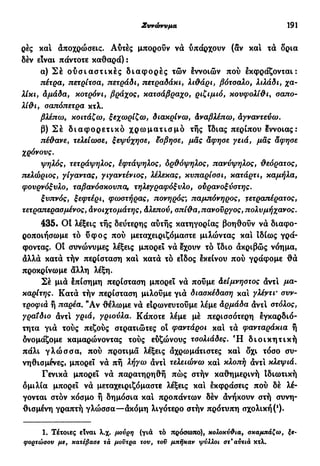 Συνώνυμα 191
ρές κα! αποχρώσεις. Αυτές μπορούν να υπάρχουν (αν και τά δρια
δέν είναι πάντοτε καθαρά) :
α) Σέ ουσιαστικές διαφορές τών έννοιών πού έκφράζονται:
πέτρα, πετρίτοα, πετράδι, πετραδάκι, λιθάρι, βότσαλο, λιλάδι, χα-
λίκι, άμάδα, κοτρόνι, βράχος, κατσάβραχο, ριζιμιό, κουφολίθι, σαπο-
λίθι, σαπόπετρα κτλ.
βλέπω., κοιτάζω, ξεχωρίζω, διακρίνω, άναβλέπω, αγναντεύω.
β) Σέ διαφορετικό χ ρ ω μ α τ ι σ μ ό τής ίδιας περίπου έννοιας:
πέθανε, τελείωσε, ξεψύχησε, έσβησε, μας άφησε γειά, μας άφησε
χρόνους.
ψηλός, τετράψηλος, έφτάψηλος, δρθόψηλος, πανύψηλος, θεόρατος,
τιελώριος, γίγαντας, γιγαντένιος, λέλεκας, κυπαρίσσι, κατάρτι, καμήλα,
φουρνόξυλο, ταβανόσκουπα, τηλεγραφόξυλο, ούρανοξύστης.
ξυπνός, ξεφτέρι% φωστήρας, πονηρός; παμπόνηρος, τετραπέρατος,
τετραπερασμένος, άνοιχτομάτης, άλεπού, σπίθα, πανούργος, πολυμήχανος.
435. OÎ λέξεις τής δεύτερης αύτής κατηγορίας βοηθούν νά διαφο-
ροποιήσωμε τό ύφος πού μεταχειριζόμαστε μιλώντας καί ιδίως γρά-
φοντας. Οι συνώνυμες λέξεις μπορεί νά έχουν τό ϊδιο άκριβώς νόημα,
άλλά κατά τήν περίσταση και κατά τό είδος έκείνου πού γράφομε θά
προκρίνωμε άλλη λέξη.
Σέ μια έπίσημη περίσταση μπορεί νά πούμε Αείμνηστος άντ! μα-
καρίτης. Κατά τήν περίσταση μιλούμε γιά διασκέδαση και γλέγτι· συν-
τροφιά ή παρέα. "Αν θέλωμε νά ειρωνευτούμε λέμε άρμάδα άντί στόλος,
γραιδιο άντ! γριά, γριούλα. Κάποτε λέμε μέ περισσότερη εγκαρδιό-
τητα γιά τούς πεζούς στρατιώτες οί φαντάροι και τά φανταράκια ή
δνομάζομε καμαρώνοντας τούς εύζώνους τσολιάδες. Ή διοικητική
πάλι γλώσσα, πού προτιμά λέξεις άχρωμάτιστες κα! δχι τόσο συ-
νηθισμένες, μπορεί νά πή λήγω άντ! τελειώνω κα! κλοπή άντ! κλεψιά.
Γενικά μπορεί νά παρατηρηθή πώς στήν καθημερινή Ιδιωτική
δμιλία μπορεί νά μεταχειριζόμαστε λέξεις κα! έκφράσεις πού δέ λέ-
γονται στόν κόσμο ή δημόσια κα! προπάντων δέν άνήκουν στή συνη-
θισμένη γραπτή γλώσσα—άκόμη λιγότερο στήν πρότυπη σχολική (Ο-
Ι. Τέτοιες είναι λ.χ. μούρη (για τό πρόσωπο), κολοκύθια, οκαμπάζω, ξε-
φορτώσου με, κατέβασε τα μούτρα τον, τον μπήκαν ψύλλοι στ*avuà κτλ.
 